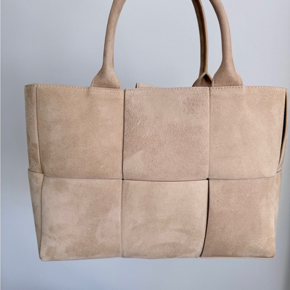 J. McLaughlin Neutral Beige Suede Woven Panel Tote